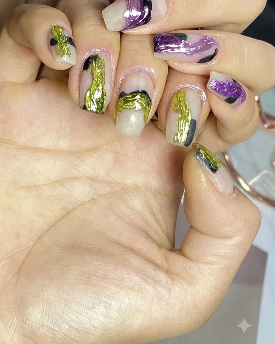 Uñas con base nude translúcida curando bajo una lámpara de uñas.