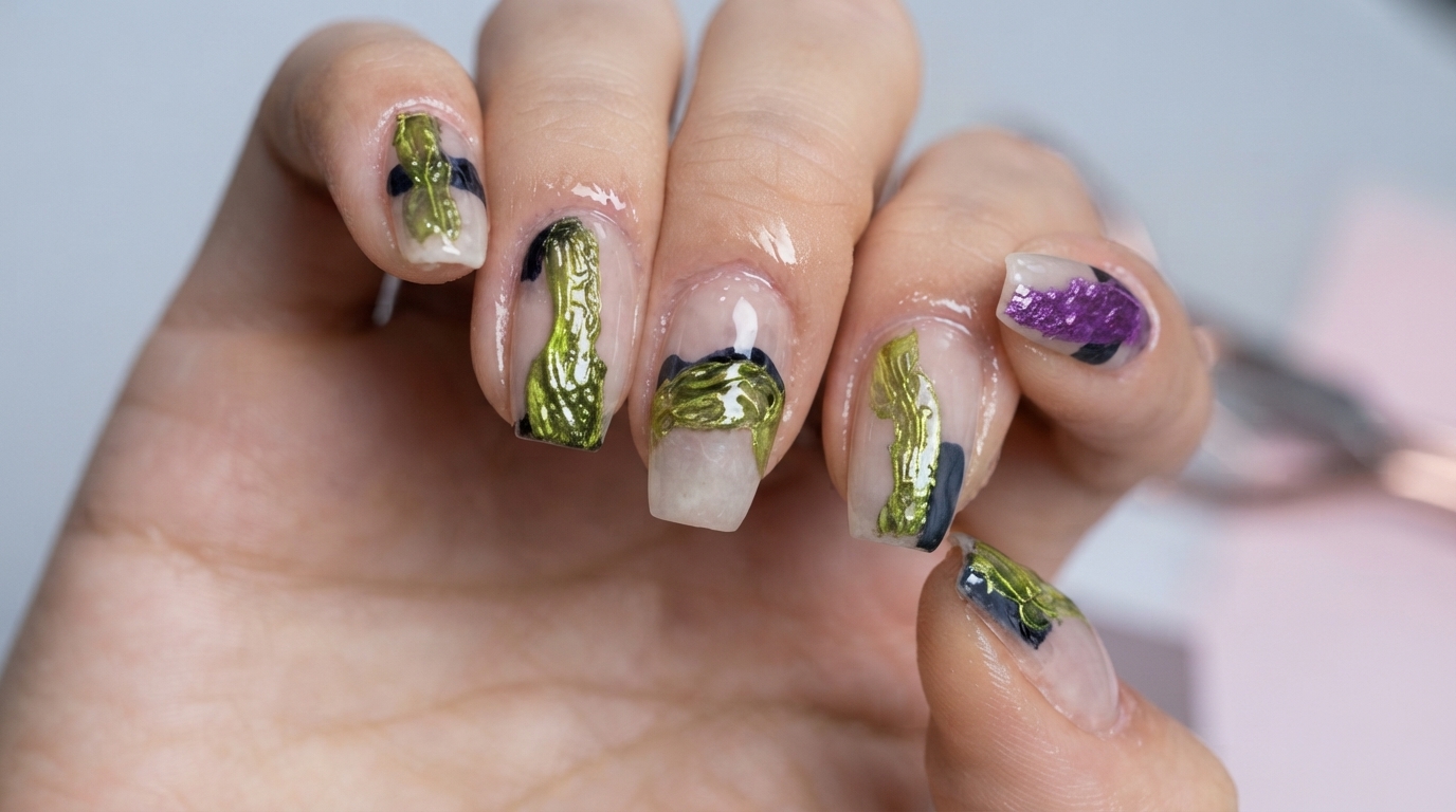 Diseño de Uñas Abstractas en Contraste Verde Neón y Púrpura — Tutorial Paso a Paso