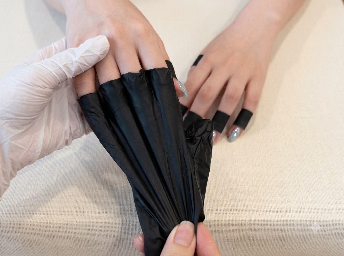 Una mano con guante blanco retirando fundas protectoras negras de los dedos para exponer las uñas de gel cromo menta.