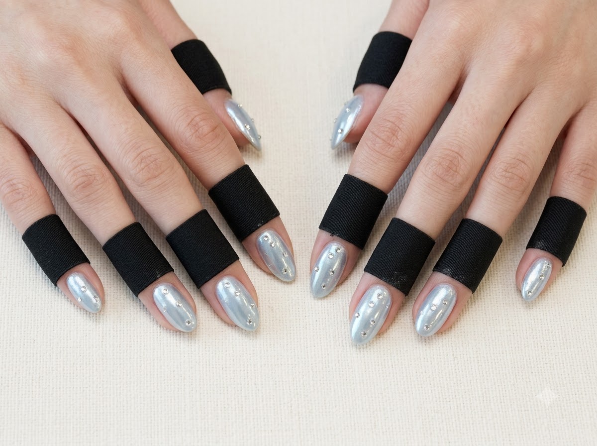 Manos ligeramente inclinadas bajo luz brillante resaltando los detalles de perlas en uñas cromo de color verde claro brillante.