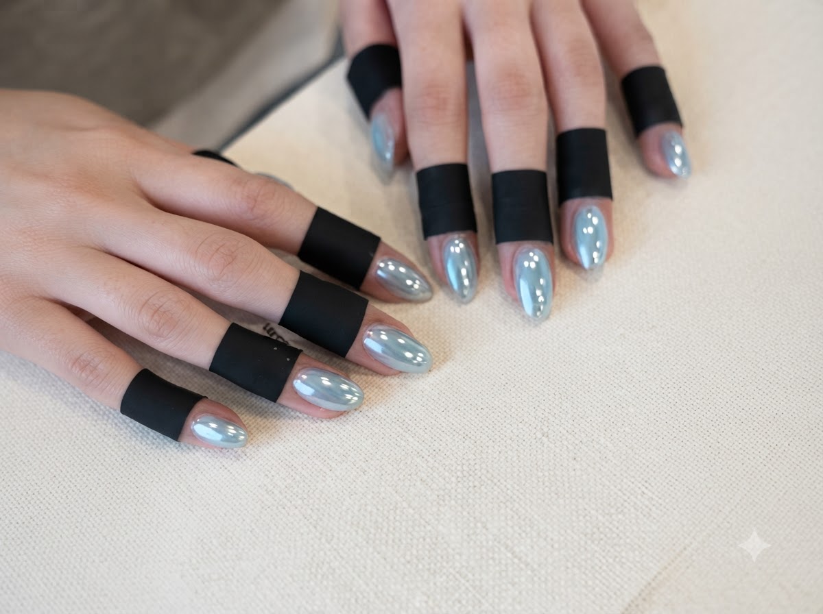 Manos sostenidas firmemente sobre una superficie texturizada mostrando uñas cromo menta en forma de almendra uniformes.