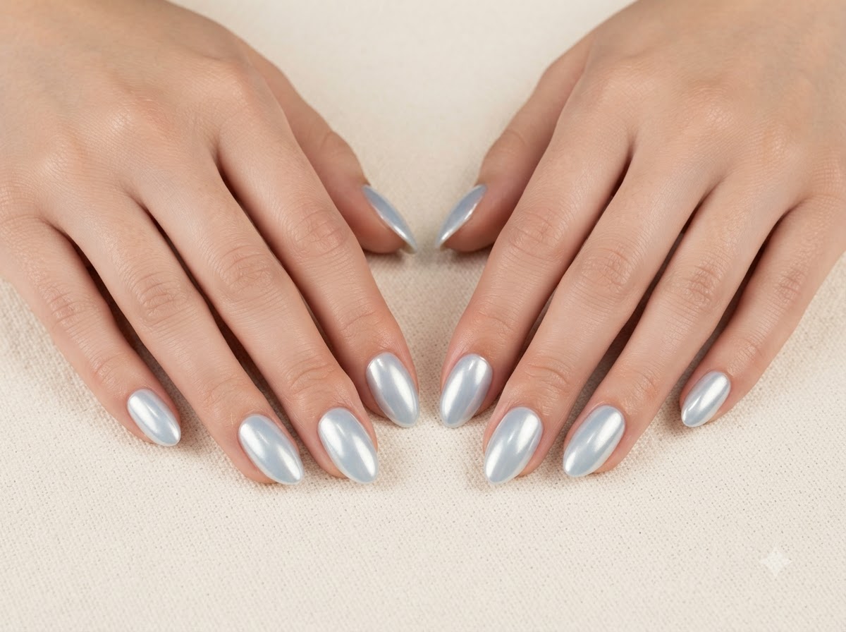 Vista de primer plano de la mano derecha apoyada en una superficie, mostrando la forma y textura suave de las uñas manicuradas.