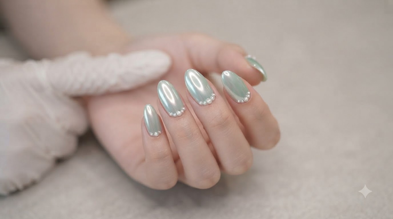 Uñas de Gel Aurora con Efecto Cromo Mint Mambo y Detalles de Perlas