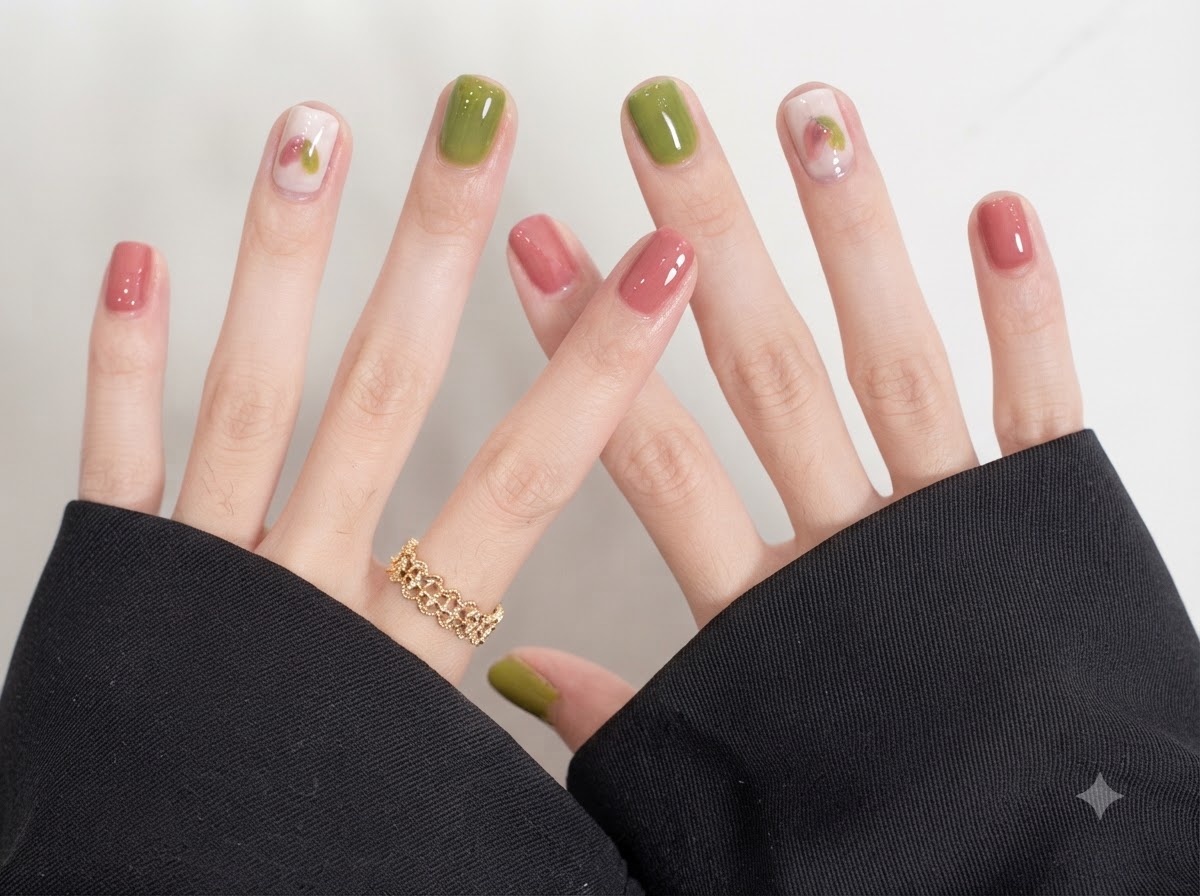 Una vista de cerca de uñas cortas y redondeadas estilizadas con esmalte de gel brillante alternado en verde salvia y rosa suave.