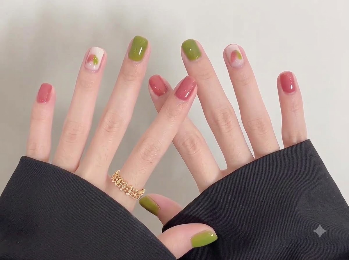 Ambas manos cruzadas una sobre otra, mostrando un acabado suave y brillante en las uñas con bloques de color verde y rosa.