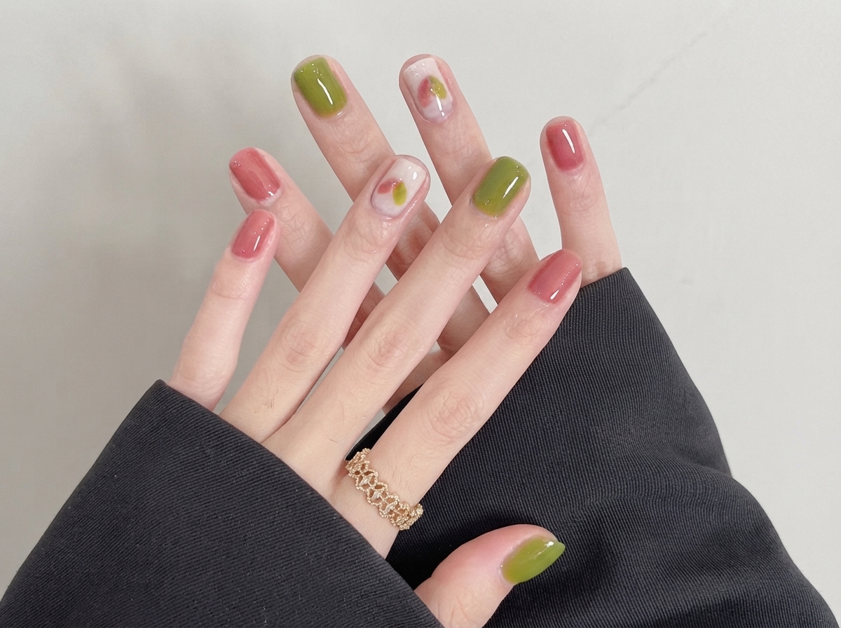 Una toma de cerca de manos con uñas cortas cuadradas con esmalte de gel verde y rosa y un delicado anillo dorado.