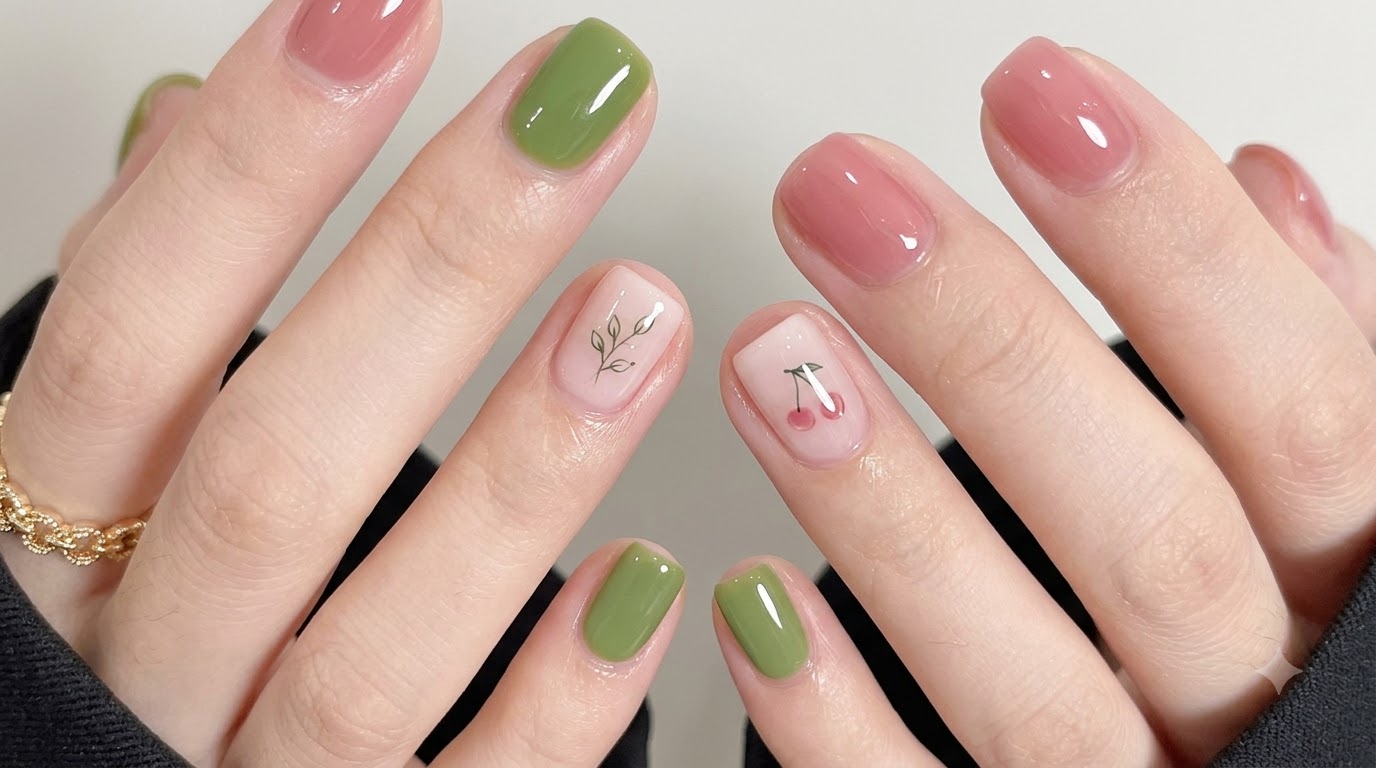 Uñas Cortas con Doodle Art en Verde y Rosa — Tutorial Paso a Paso