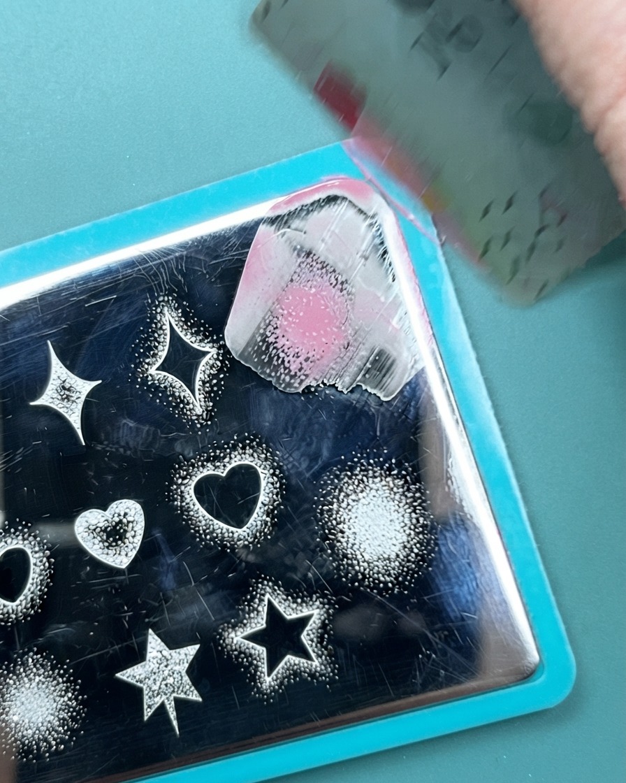 Un sello de silicona transparente presionando un patrón de puntos con degradado rosa sobre una uña pintada de verde neón.