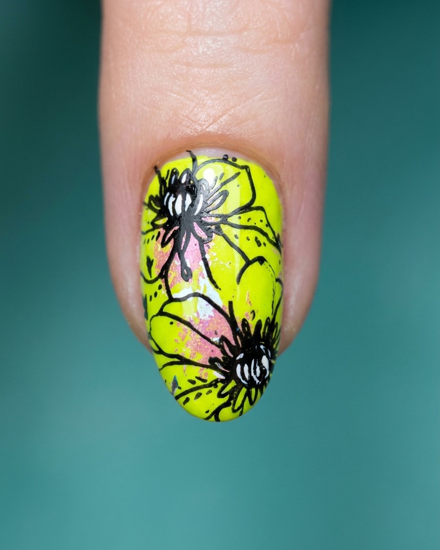 Un pincel de capa superior transparente deslizándose sobre el diseño completo de arte de uñas floral y verde neón.