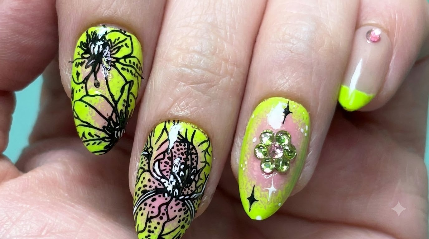 Tutorial de Manicura Floral con Degradado Verde Neón y Rosa
