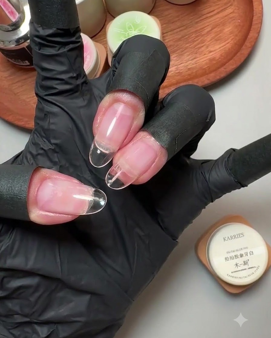 Una mano con guantes sosteniendo un frasco de gel sólido marfil, mostrando uñas postizas claras unidas con líneas de transición.