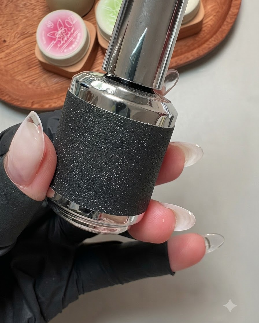 Un primer plano de una mano sosteniendo una botella de esmalte de gel de ojo de gato con purpurina gruesa.