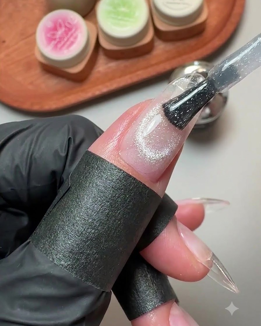 Un pincel aplicando gel de ojo de gato con purpurina plateada sobre una placa de uña extendida.