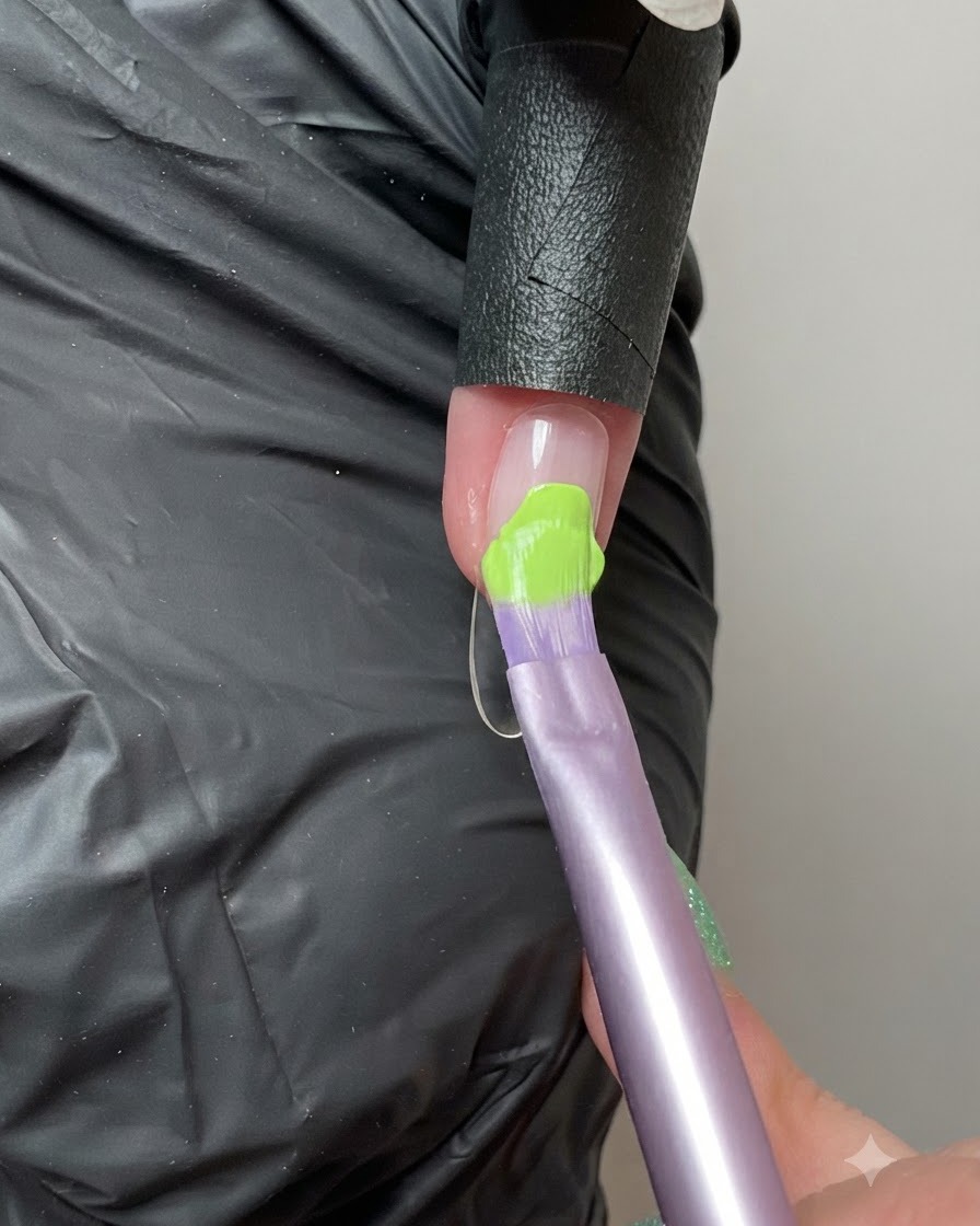 Un pincel aplicando esmalte de gel sólido verde fluorescente vibrante en la uña del dedo índice.