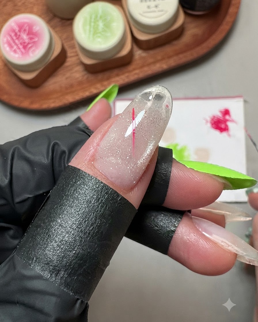 Un pincel delineador fino dibujando una línea rosa delgada para formar una estrella en la uña del pulgar.