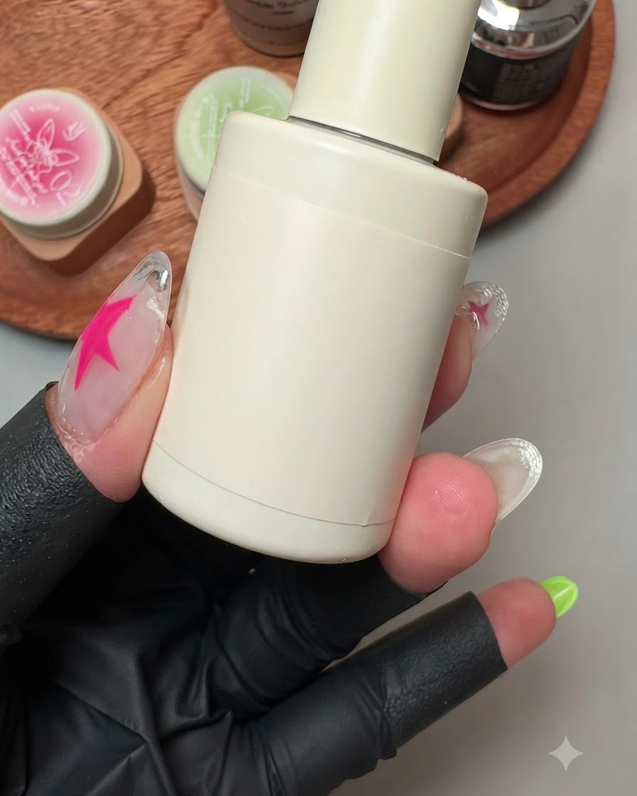Una botella de gel constructor white moon sostenida cerca de las uñas decoradas durante la aplicación.