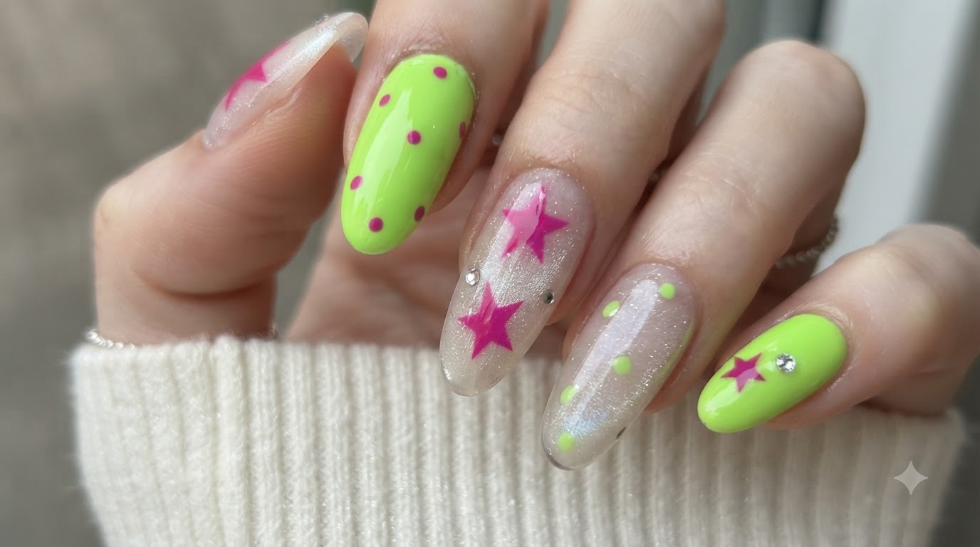 Primer plano de uñas almendradas largas con diseño Y2K de contraste en verde fluorescente brillante y estrellas magenta.