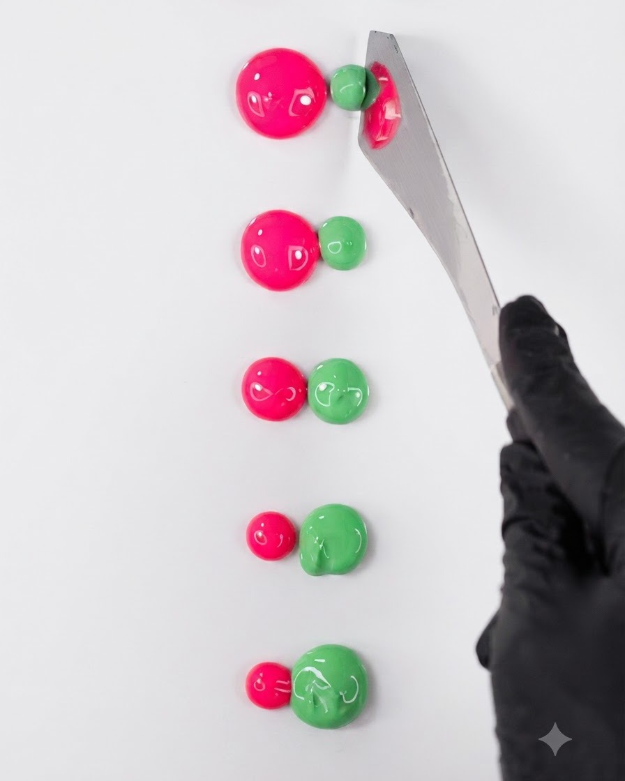 Una espátula metálica esparciendo una gota de esmalte en gel rosa neón horizontalmente sobre la superficie de una paleta blanca.