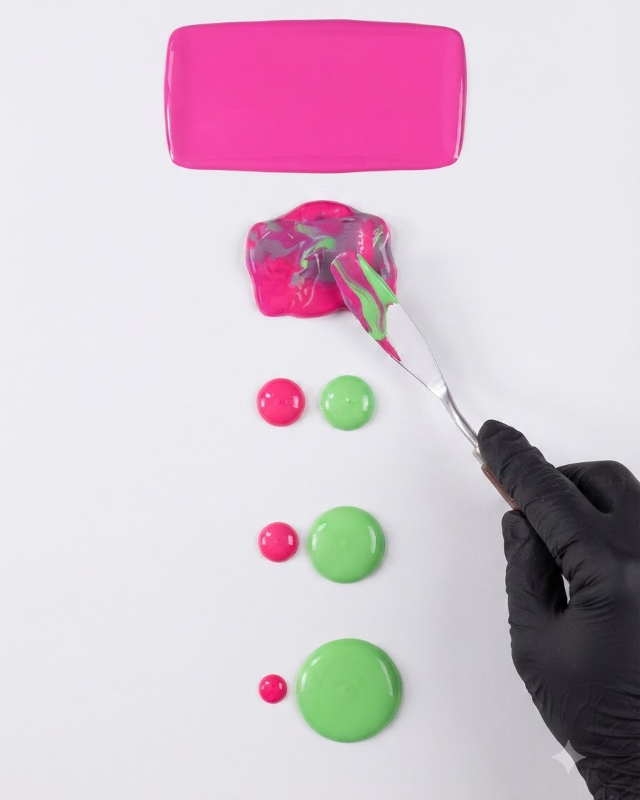 Una mano con guante negro usando una espátula metálica para mezclar gel rosa neón y verde salvia en una superficie de paleta blanca.