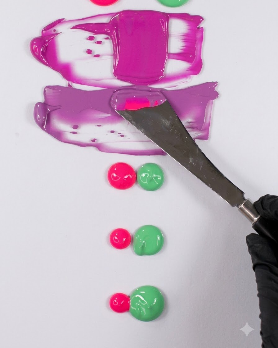 Una espátula metálica sostenida sobre una paleta blanca con muestras anteriores de magenta y rosa mostradas debajo.