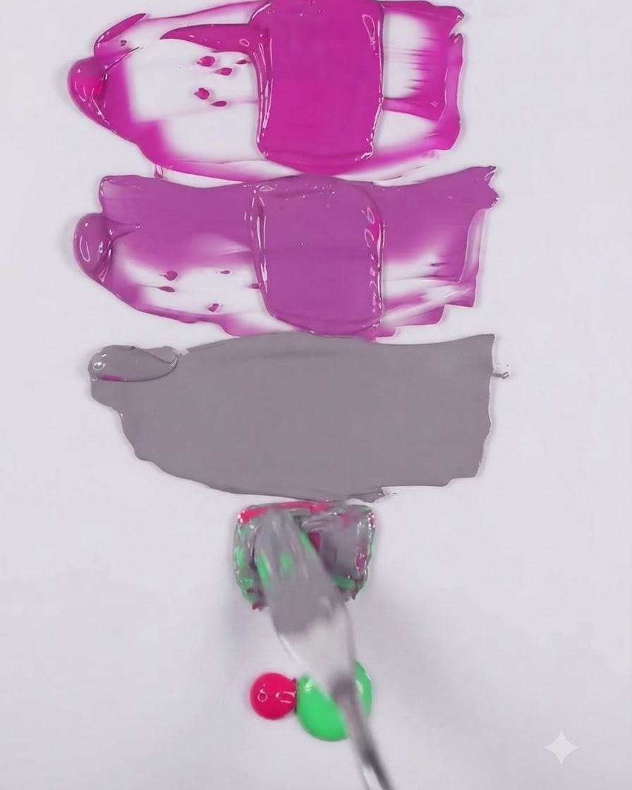 Una espátula metálica mezclando un tono de gel gris taupe en una superficie blanca debajo de las muestras anteriores de morado y rosa.