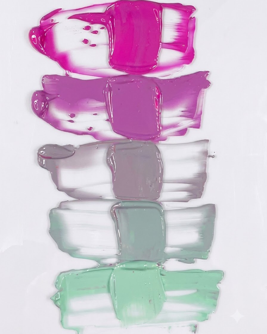 Una muestra completa de degradado de color vertical que transiciona desde el rosa neón puro hasta el jade polvoriento y el verde salvia.