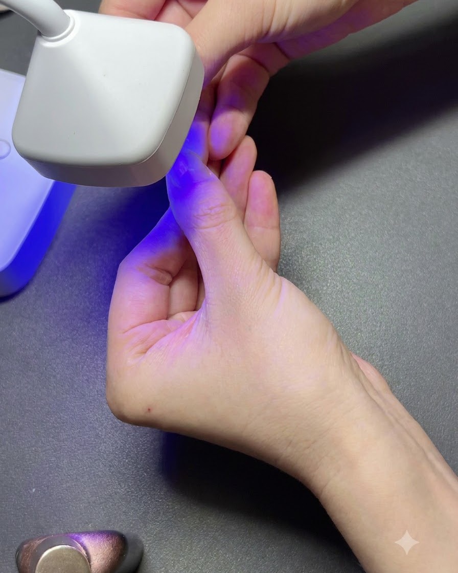 Una lámpara UV portátil blanca curando una punta de uña de gel transparente en un dedo bajo luz púrpura.