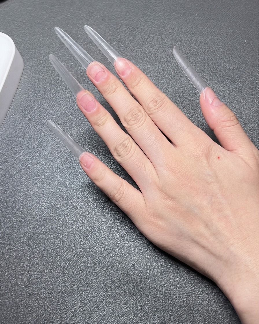 Una mano sosteniendo un cortaúñas sobre extensiones de uñas transparentes largas para recortar su longitud.