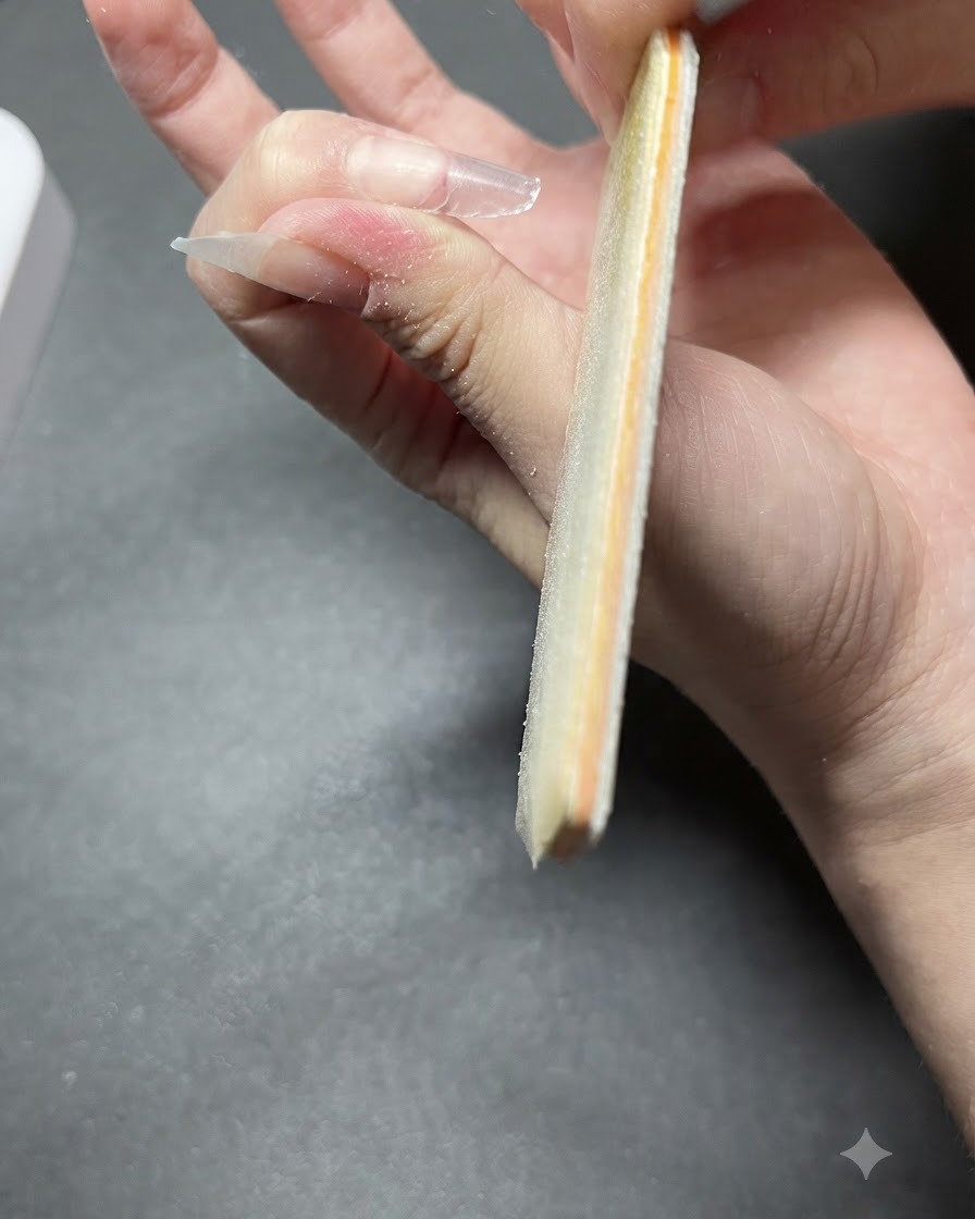 Una vista de cerca de una lima de uñas gruesa puliendo y dando forma al borde de una extensión de uña.