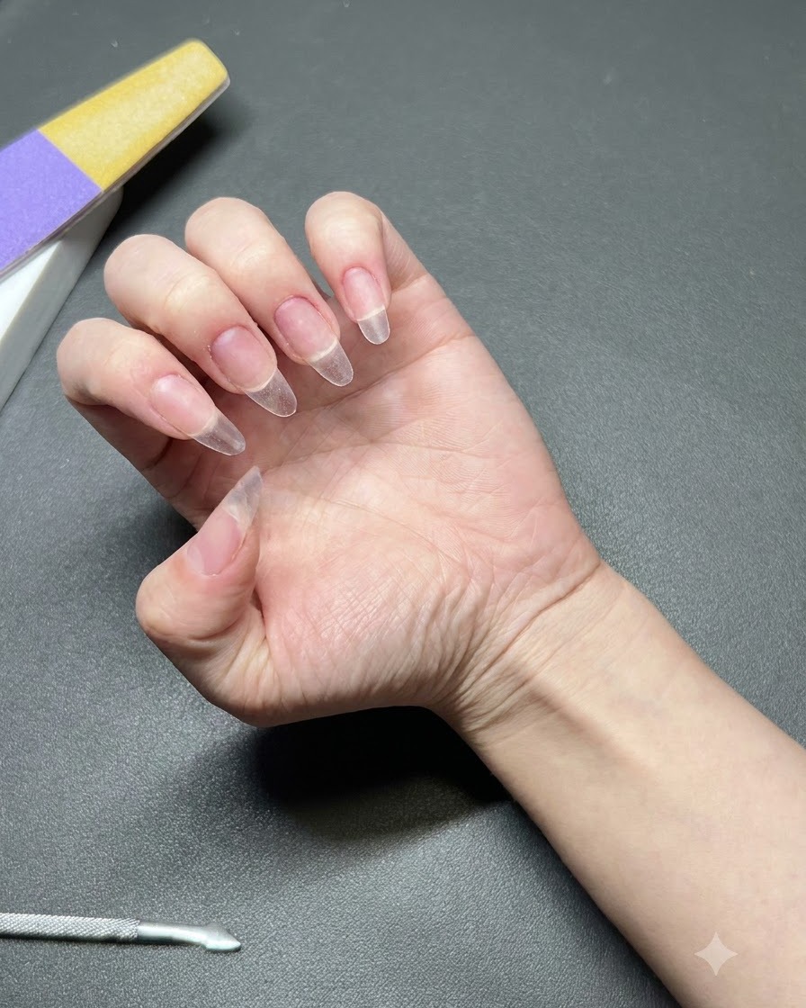 Una mano mostrando extensiones de uñas transparentes preparadas listas para la aplicación del gel base.