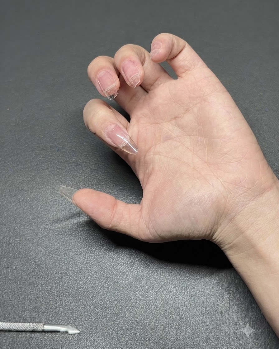 Una mano posicionada bajo una lámpara UV portátil de luz púrpura para curar el gel de construcción.