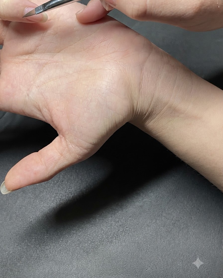 Un puntero colocando pequeños puntos verde menta en una uña manicurada.