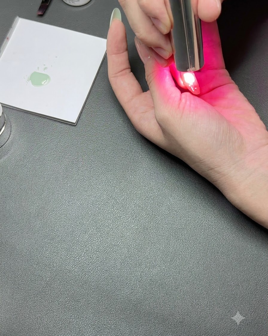 Una mano bajo una lámpara UV de uñas compacta con una luz rosa curando una uña detallada.