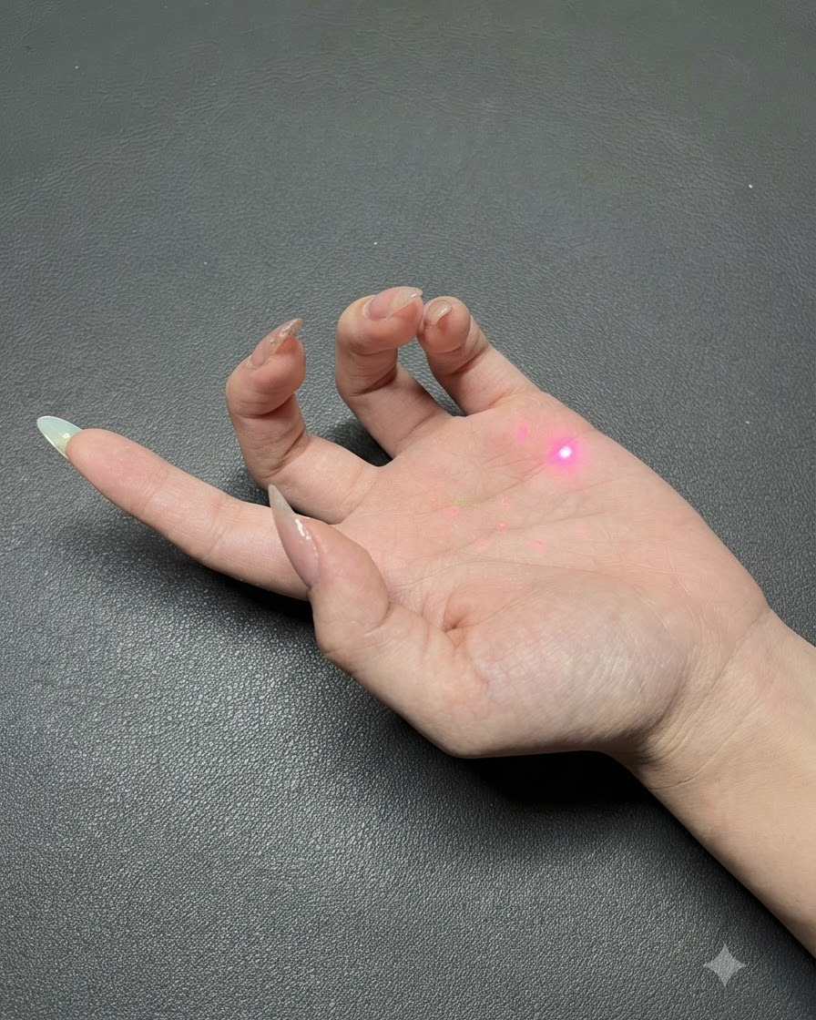 Una mano mostrando la aplicación de la capa superior de brillo aurora translúcido sobre uñas terminadas.