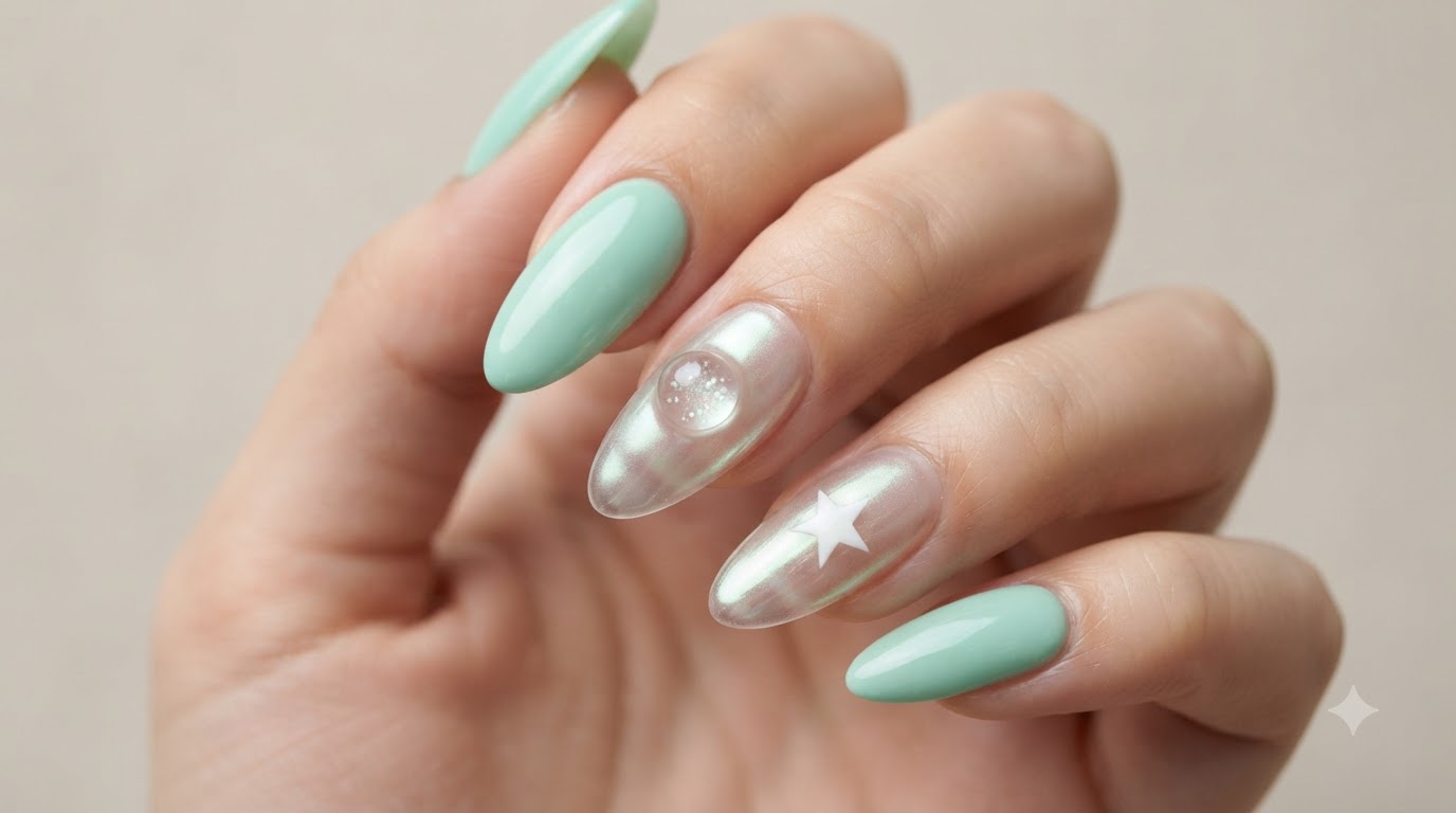 Uñas de Verde Menta y Cromo Aurora Translúcido — Tutorial Paso a Paso