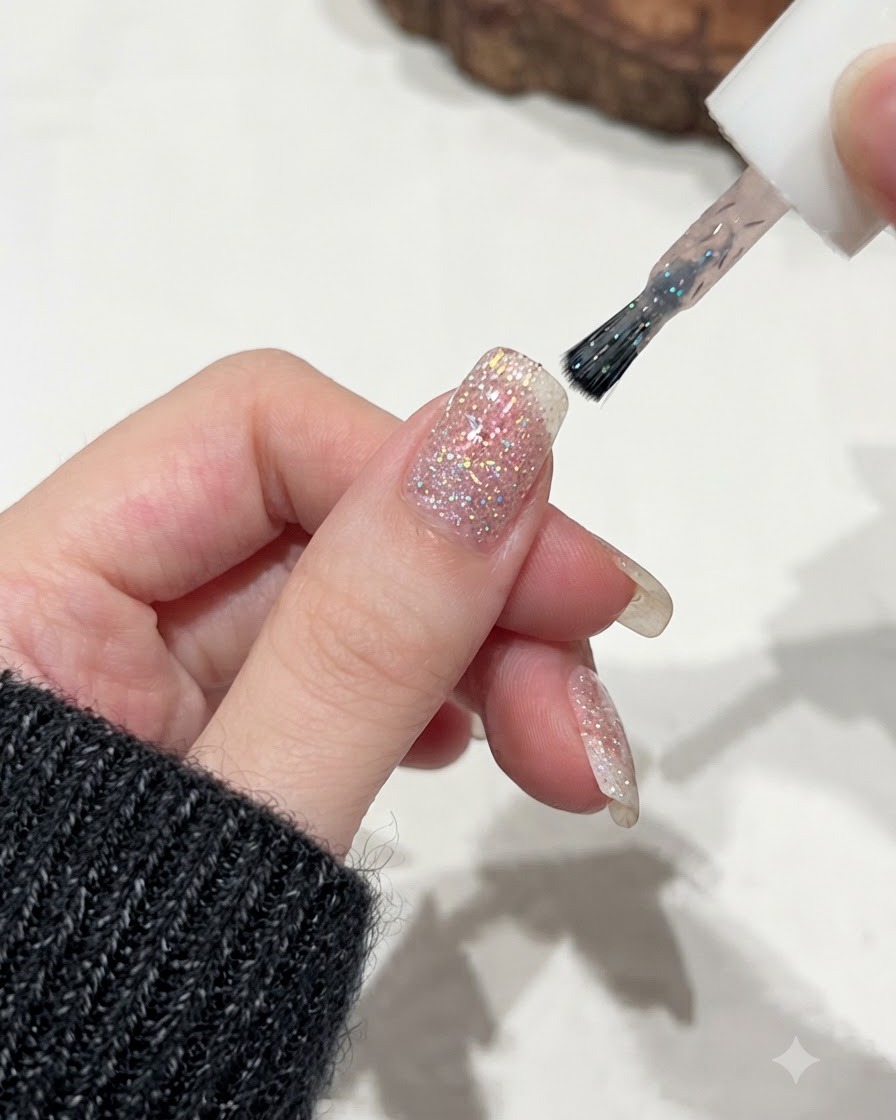 Un pincel aplicando la capa de gel con brillo y purpurina C62 sobre una base de uñas con purpurina rosa.