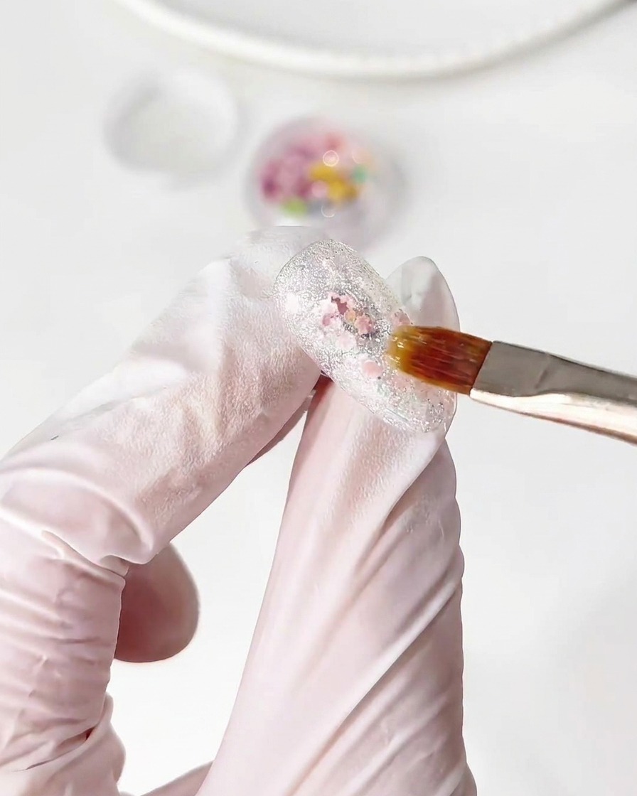 Un pincel colocando pequeñas piezas de purpurina de flores coloridas sobre una capa de gel base húmeda en una uña.