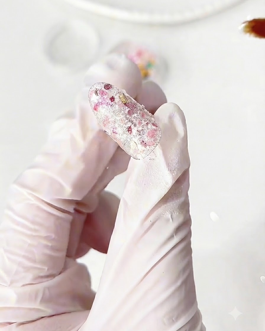 Una uña decorada cubierta enteramente con escamas de purpurina de flores después de la colocación.