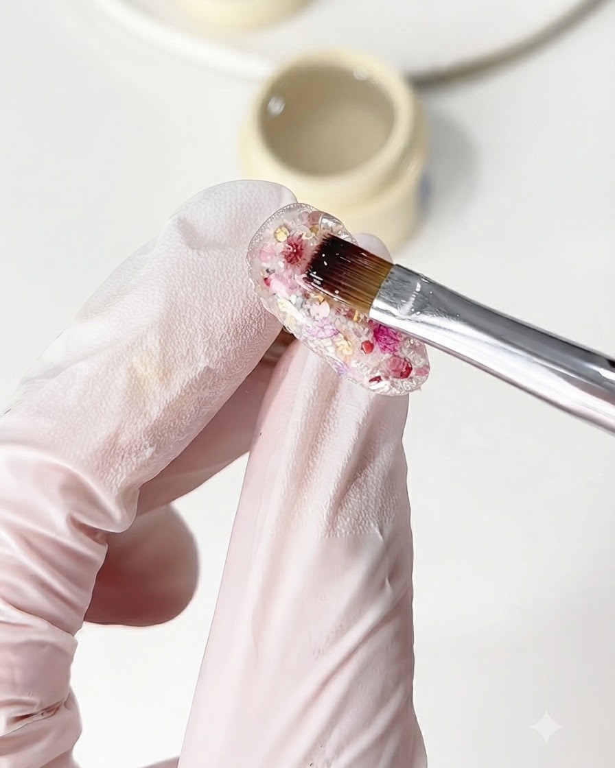 Un pincel aplicando gel de construcción sobre el diseño de uña texturizado de purpurina y flores.