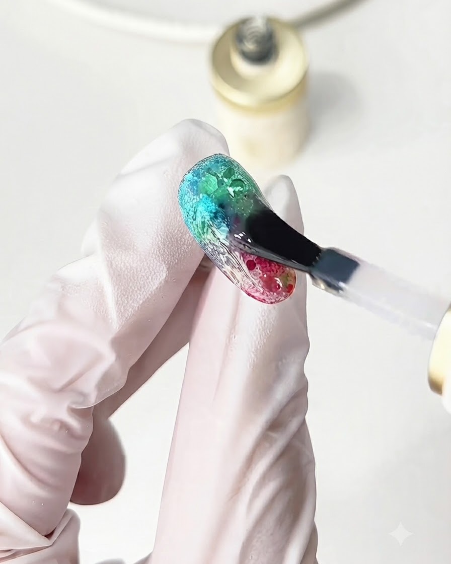 Un pincel aplicando una capa superior brillante sobre un diseño de uña de purpurina de vidrio multicolor texturizado.