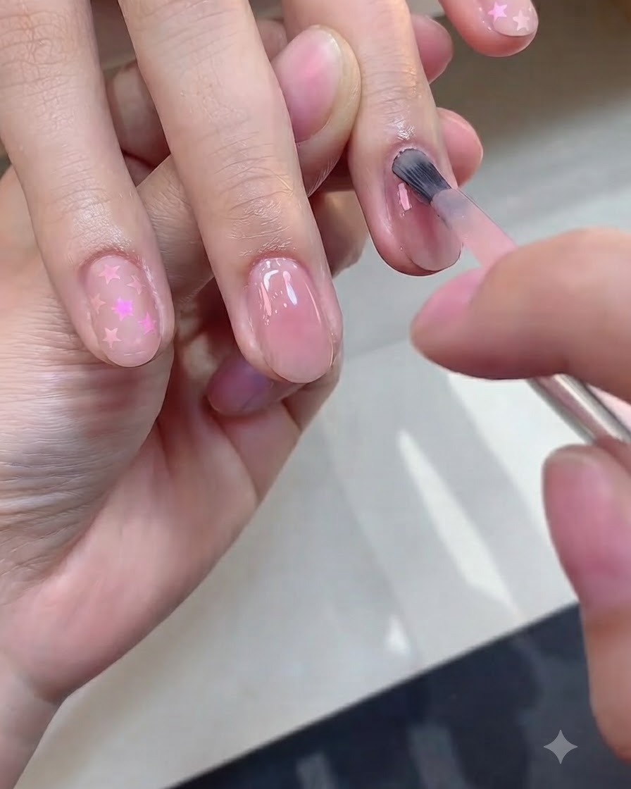 Un pincel aplicando una segunda capa fina de esmalte de color nude rosado en una uña.