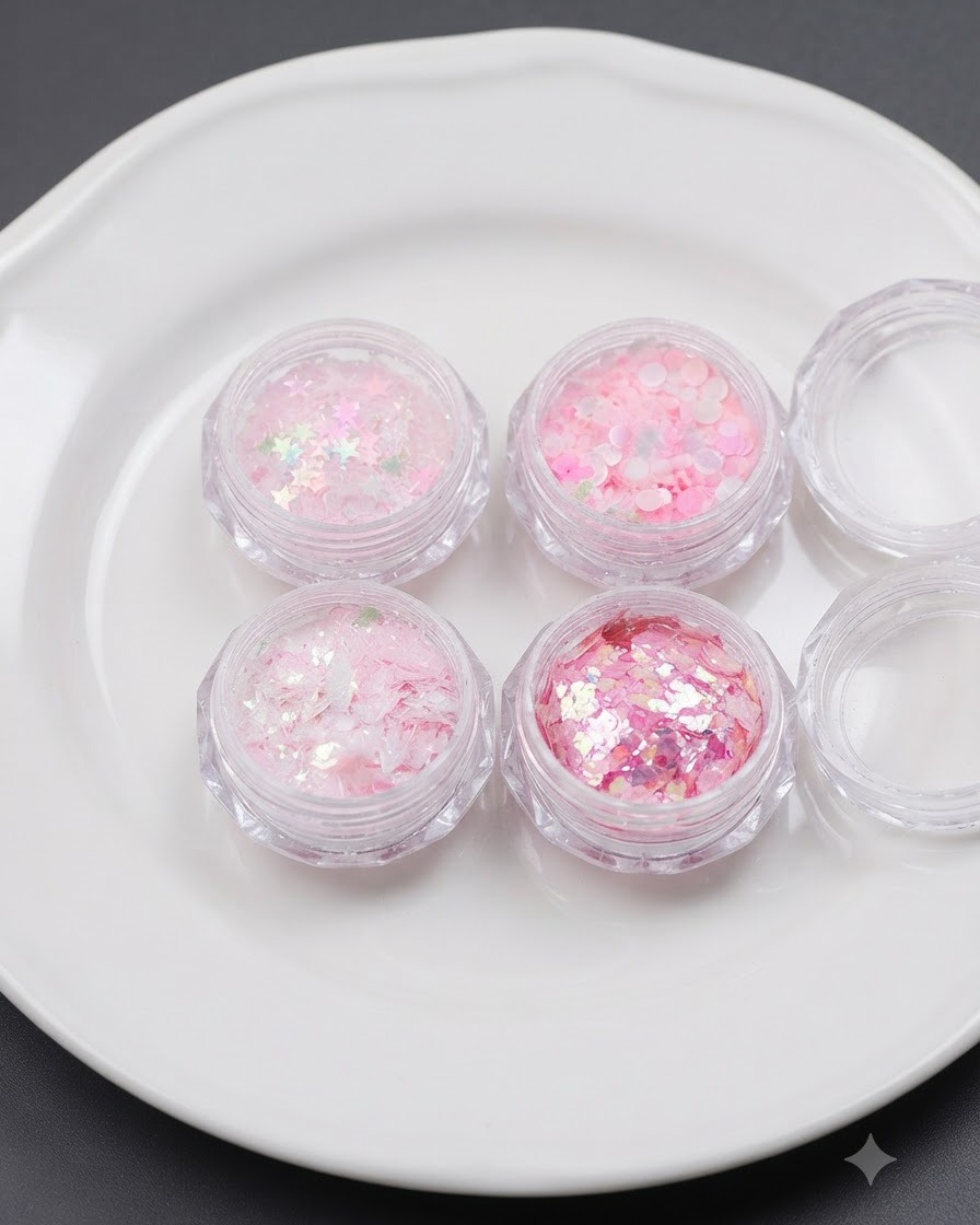 Cuatro frascos pequeños llenos de purpurina rosa holográfica en forma de estrella, corazón, punto y mariposa sobre un plato blanco.