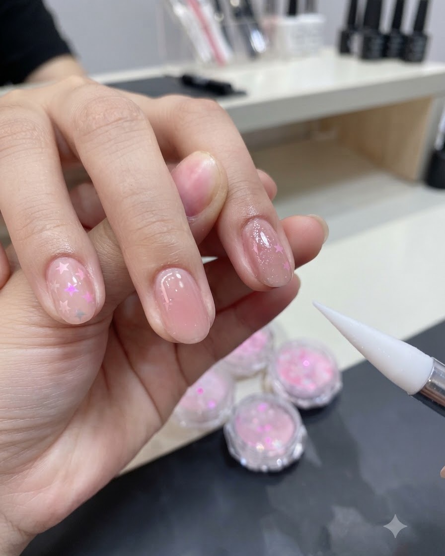 Un pincel de detalle aplicando una capa de gel adhesivo transparente sobre la superficie de la uña preparada y esmaltada.
