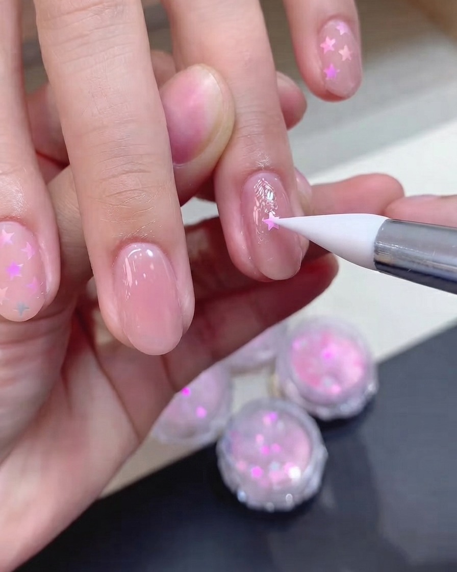 Una herramienta de silicona colocando cuidadosamente una pieza de purpurina rosa holográfica en forma de estrella sobre una uña recubierta de gel húmedo.