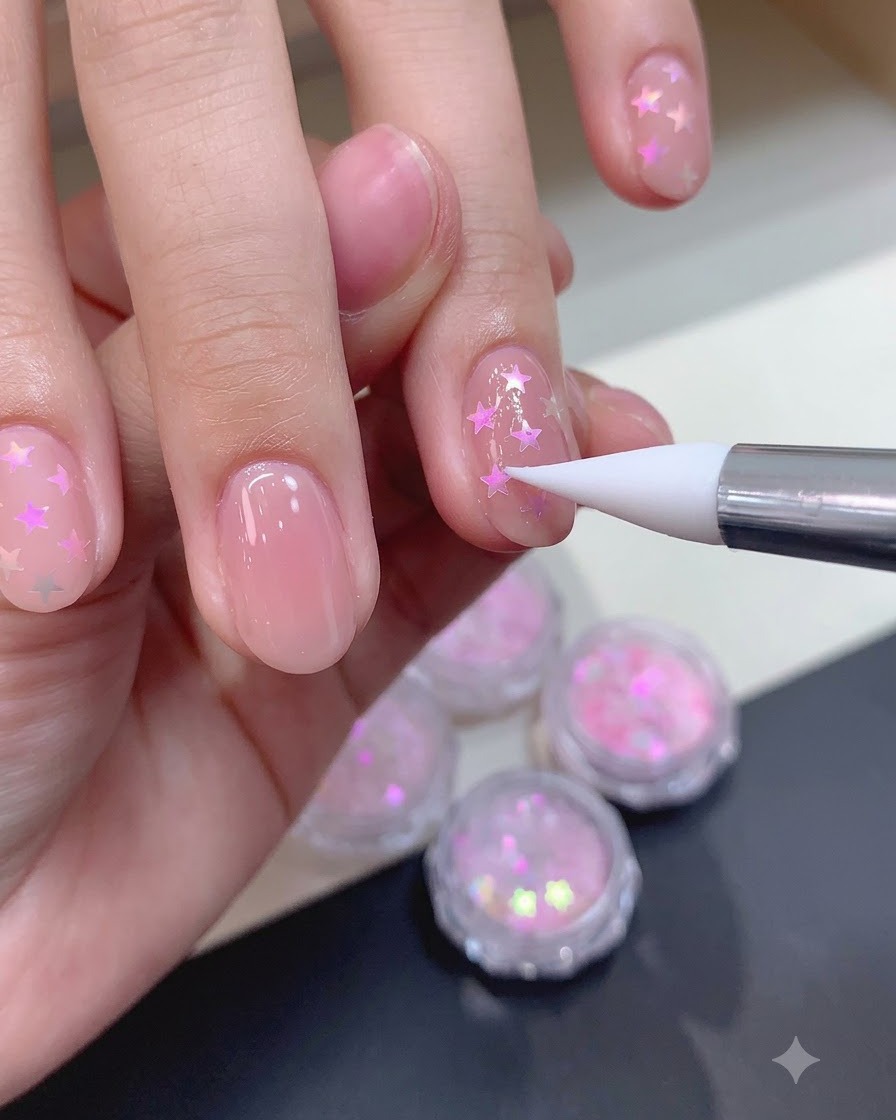 Una herramienta de silicona alisando las piezas de purpurina de estrella curvada en la superficie de una uña de gel nude.