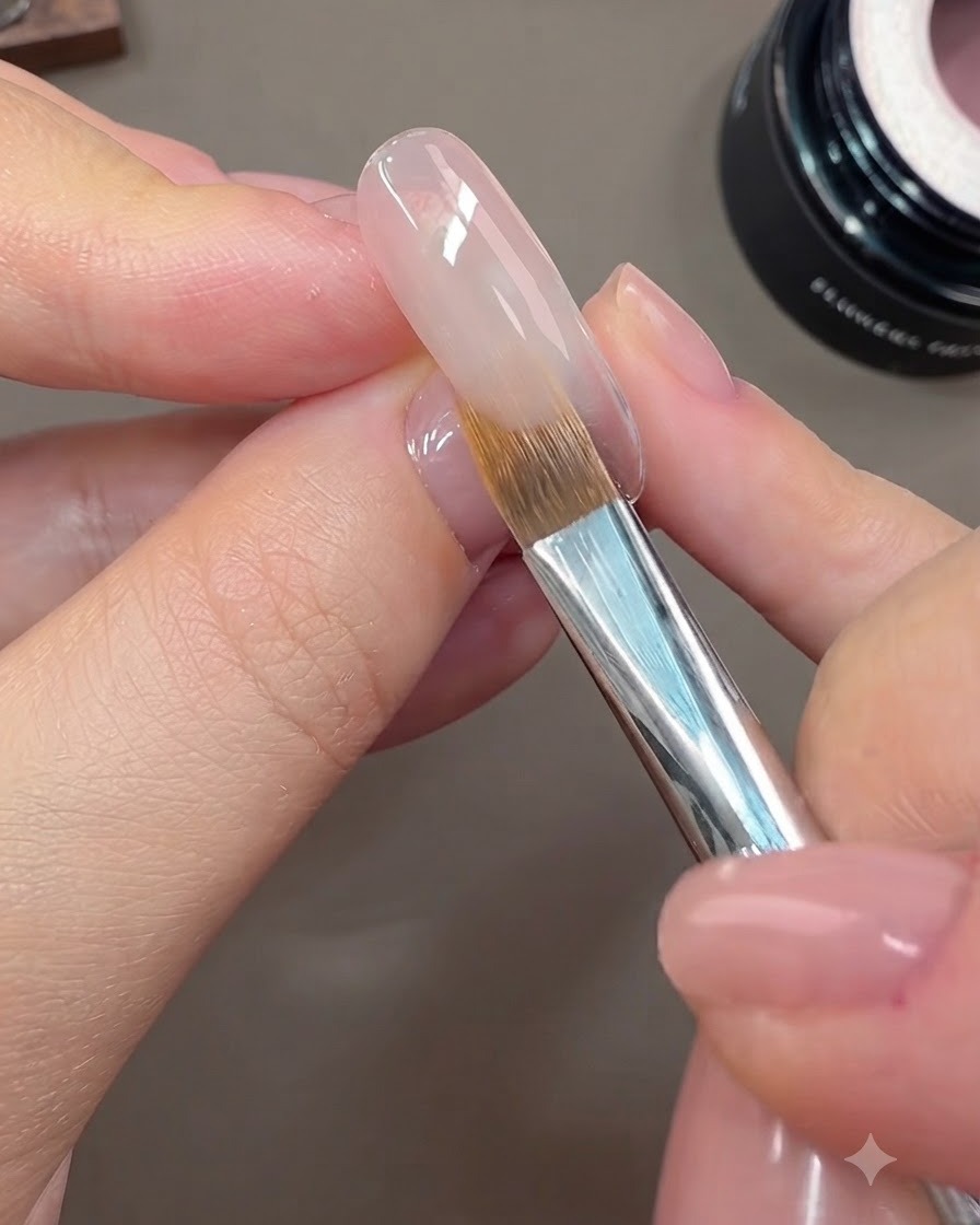 Un pincel de barrido difuminando el borde del gel rosa nude de manera natural a través de la superficie de la uña.