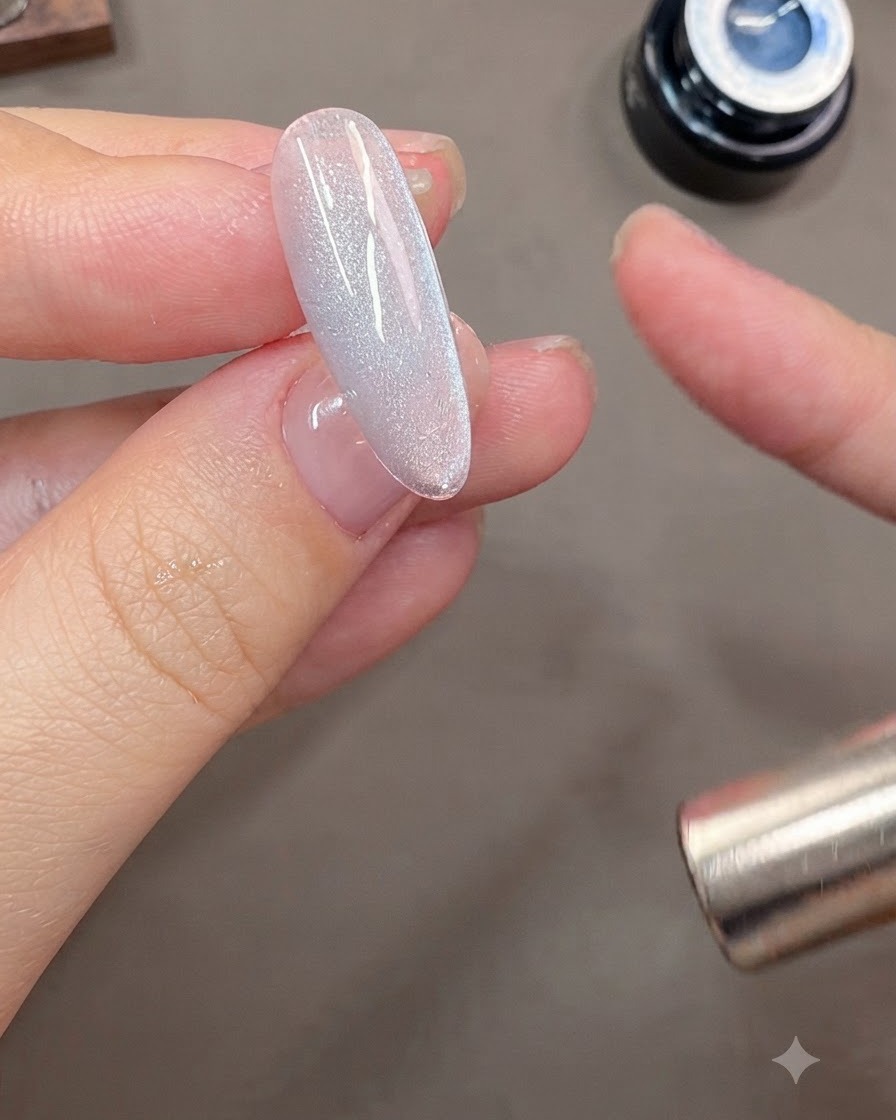 Una vista de cerca de una mano sosteniendo una varita magnética al lado de una uña de gel ojo de gato gris-azulado para dar forma a un reflejo de luz lateral.