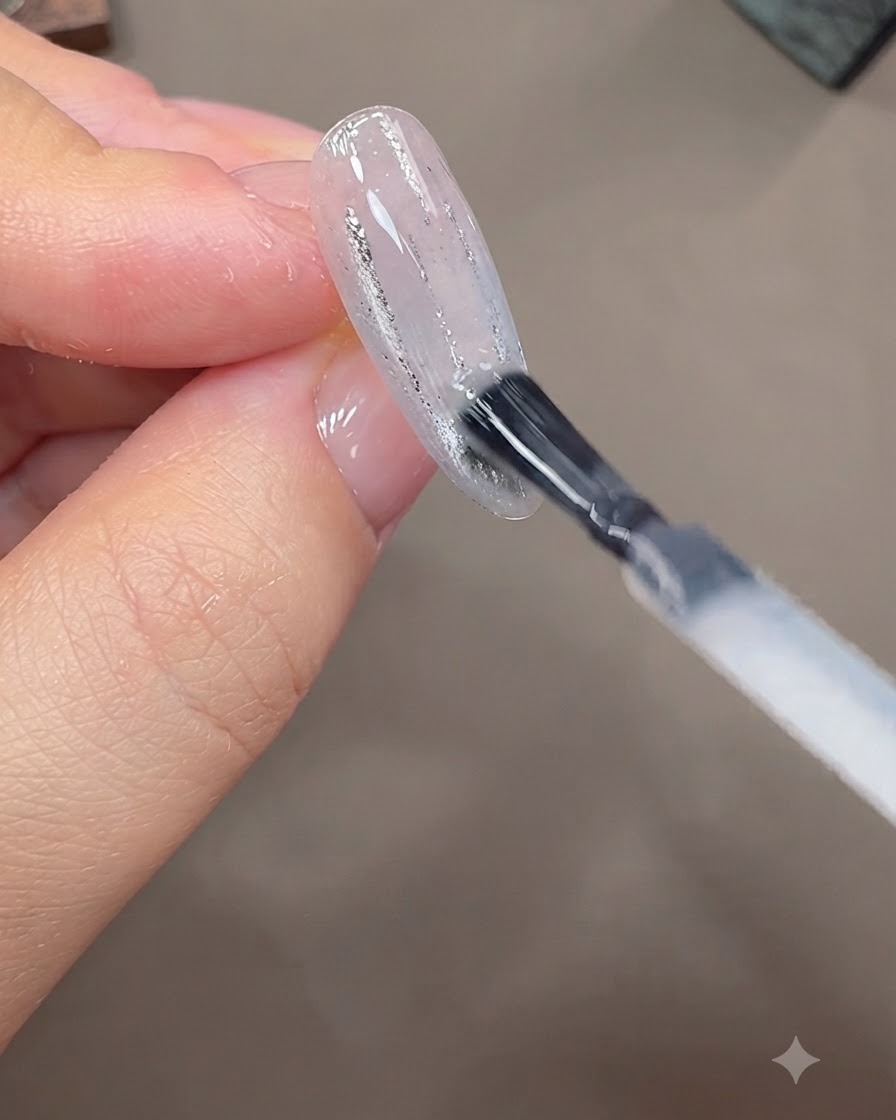 Un pincel aplicando una capa fina de gel de construcción transparente sobre la superficie de una uña decorada.