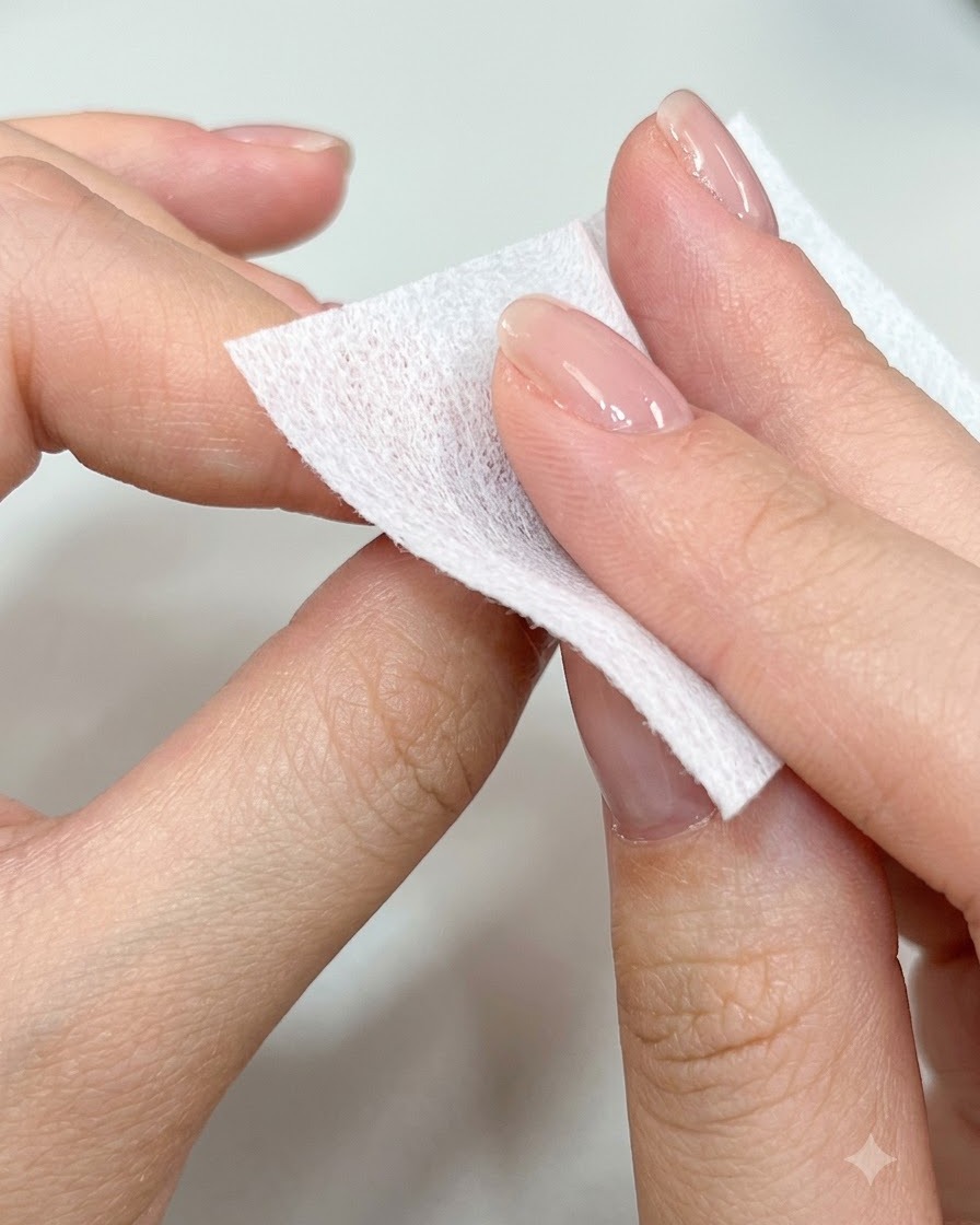 Una mano usando una almohadilla limpiadora para limpiar la superficie de una uña manicurada y brillante.