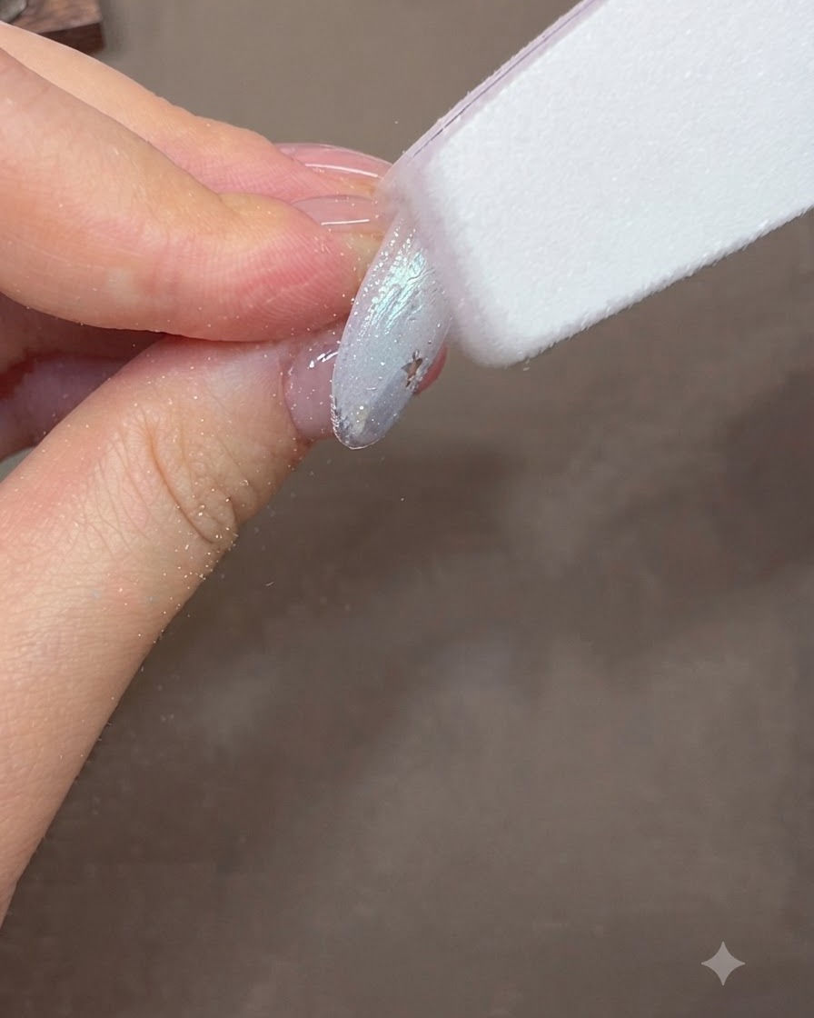 Una lima de uñas dando forma y suavizando la superficie de una uña de gel terminada.